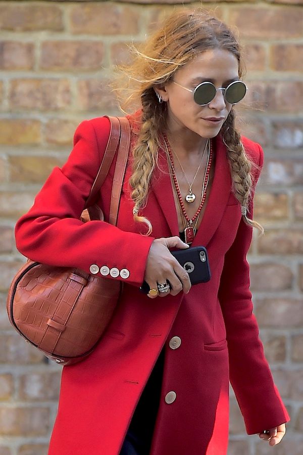 Olsens Anonymous MaryKate Olsen Steps Out In A Red Coat And Pigtail
